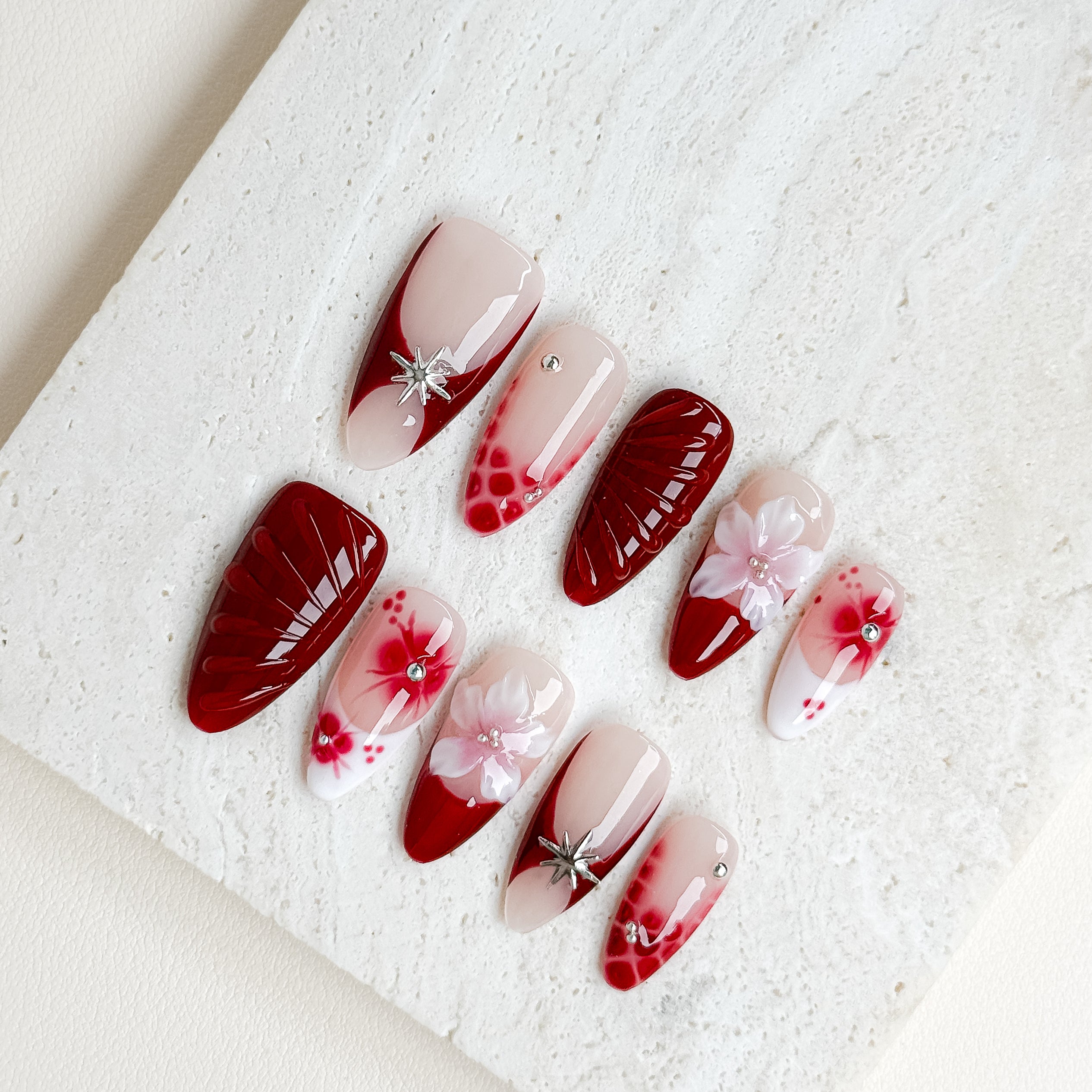 Crimson Blossom | Medium Almond Luxury Press-On Nails