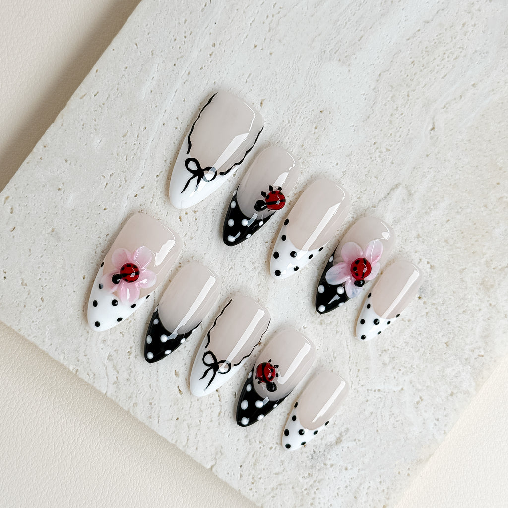 Ladybug Garden | Medium Almond Luxury Press-On Nails