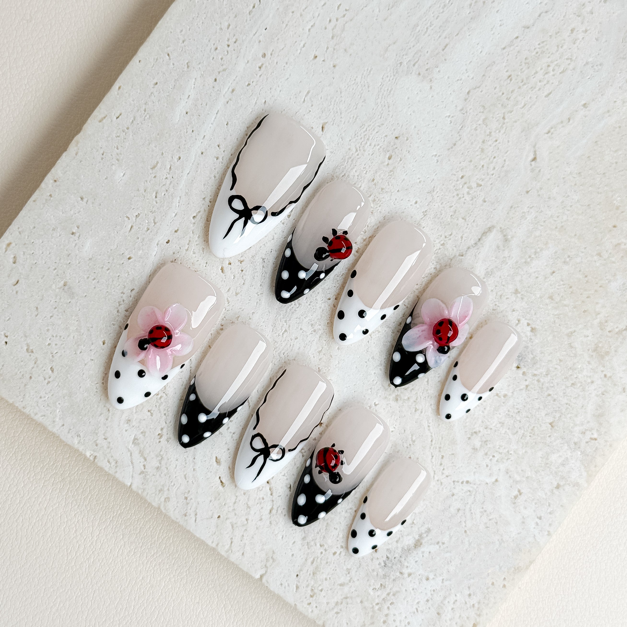 Ladybug Garden | Medium Almond Luxury Press-On Nails
