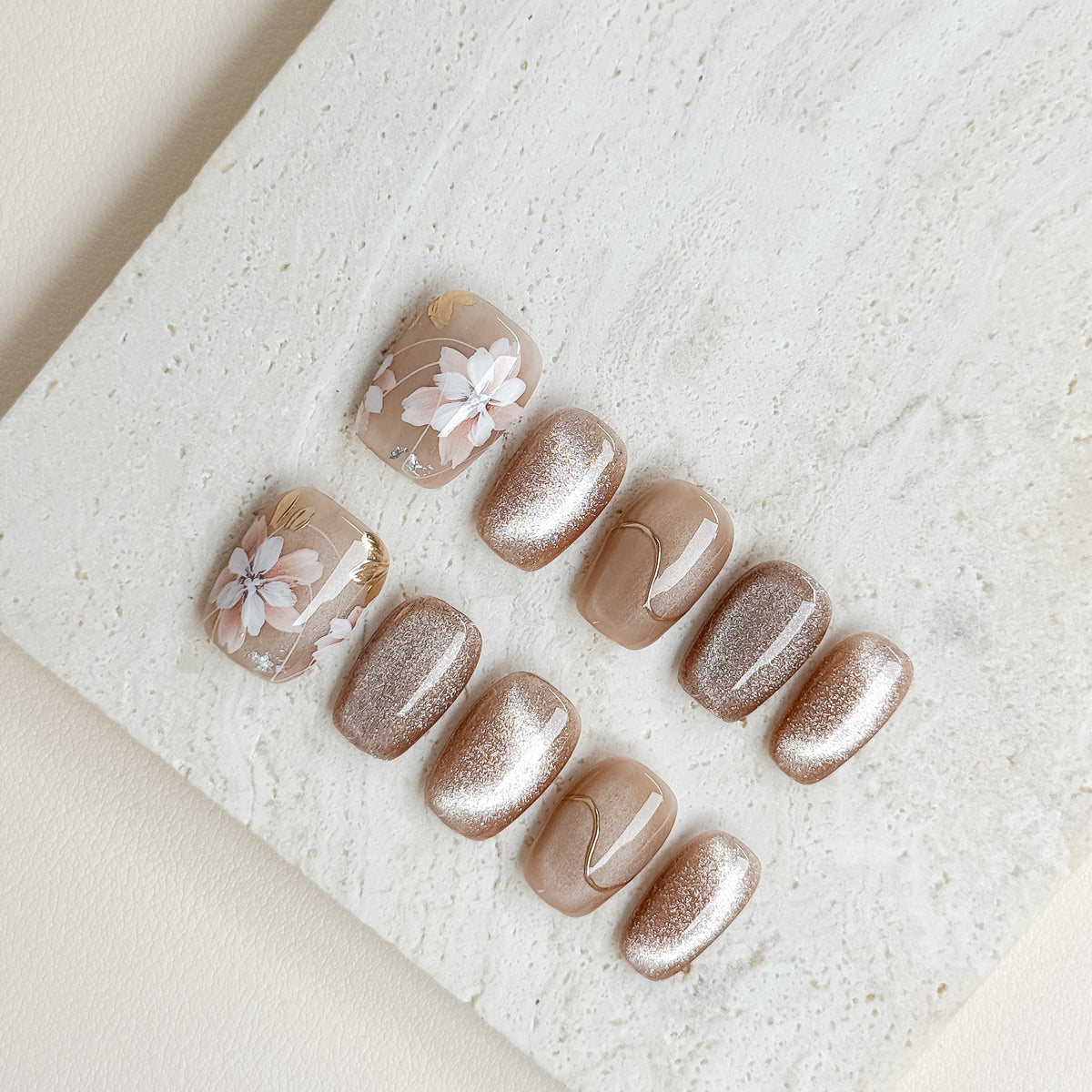 Golden Blossom | Short Square Luxury Press-On Nails
