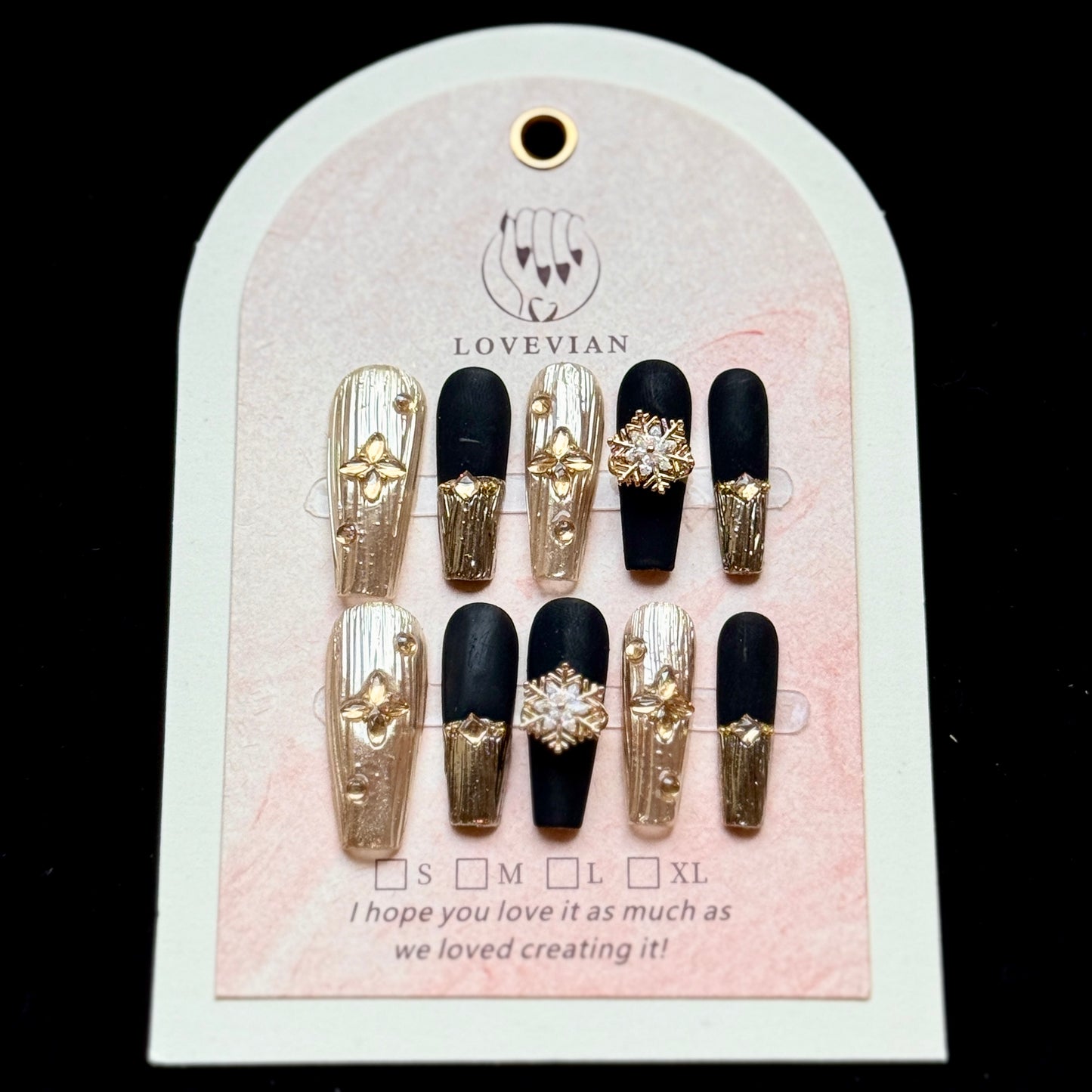 Midnight Étoile – Black & Gold Luxury Press-On Nails with Snowflake Crystal Charm