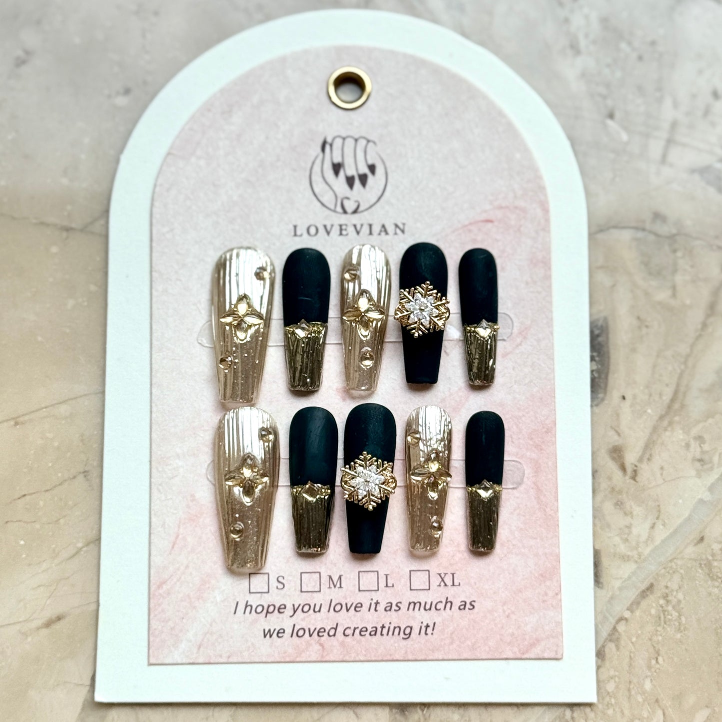 Midnight Étoile – Black & Gold Luxury Press-On Nails with Snowflake Crystal Charm