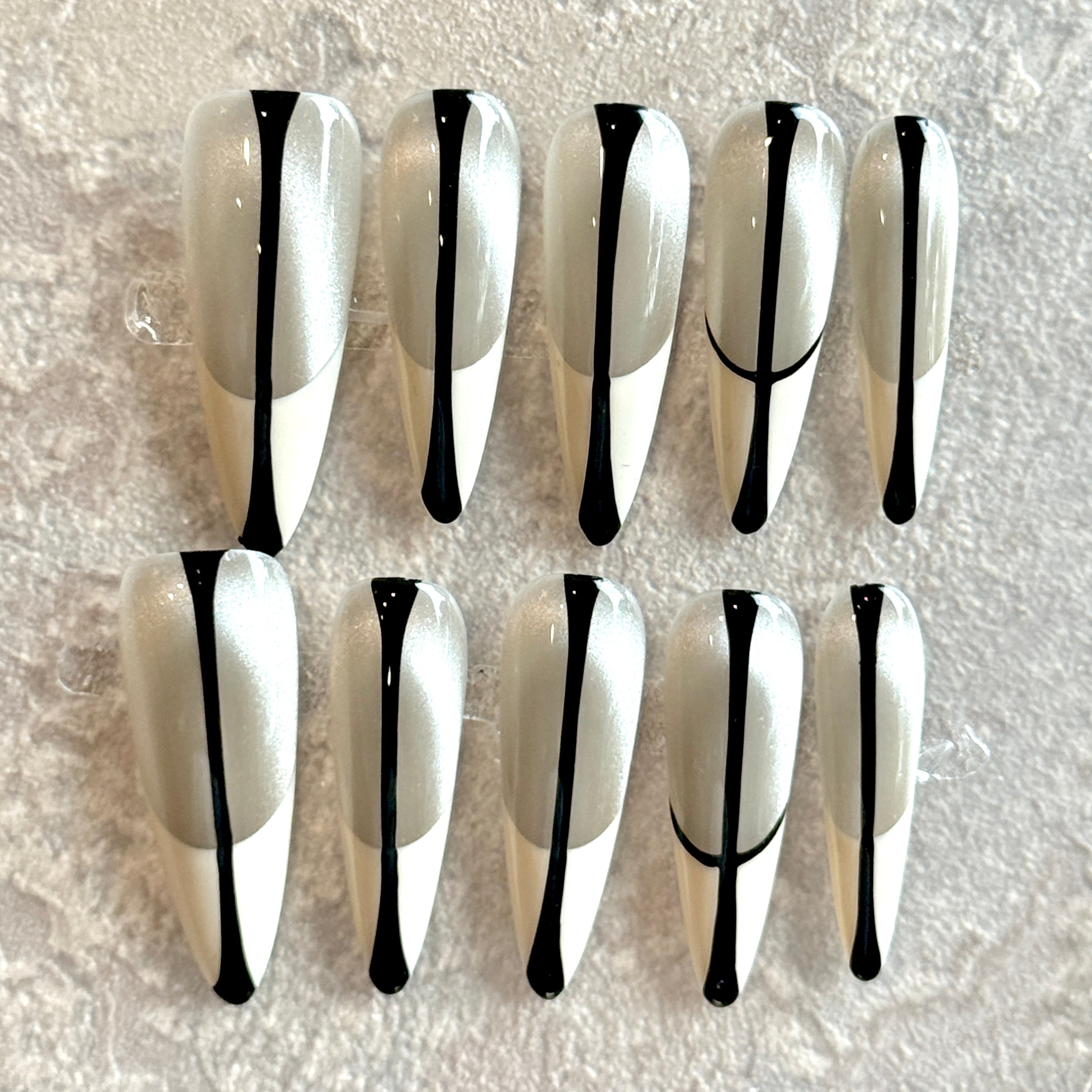Monochrome Edge – Silver & White French Press-On Nails with Black Line Detail