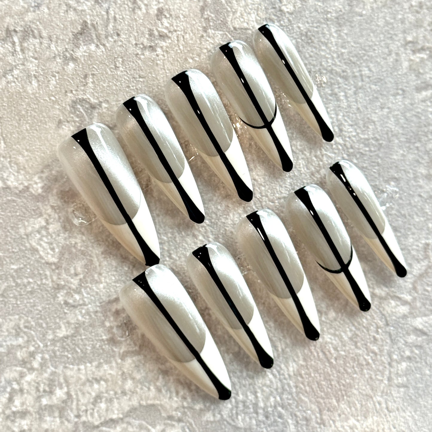 Monochrome Edge – Silver & White French Press-On Nails with Black Line Detail