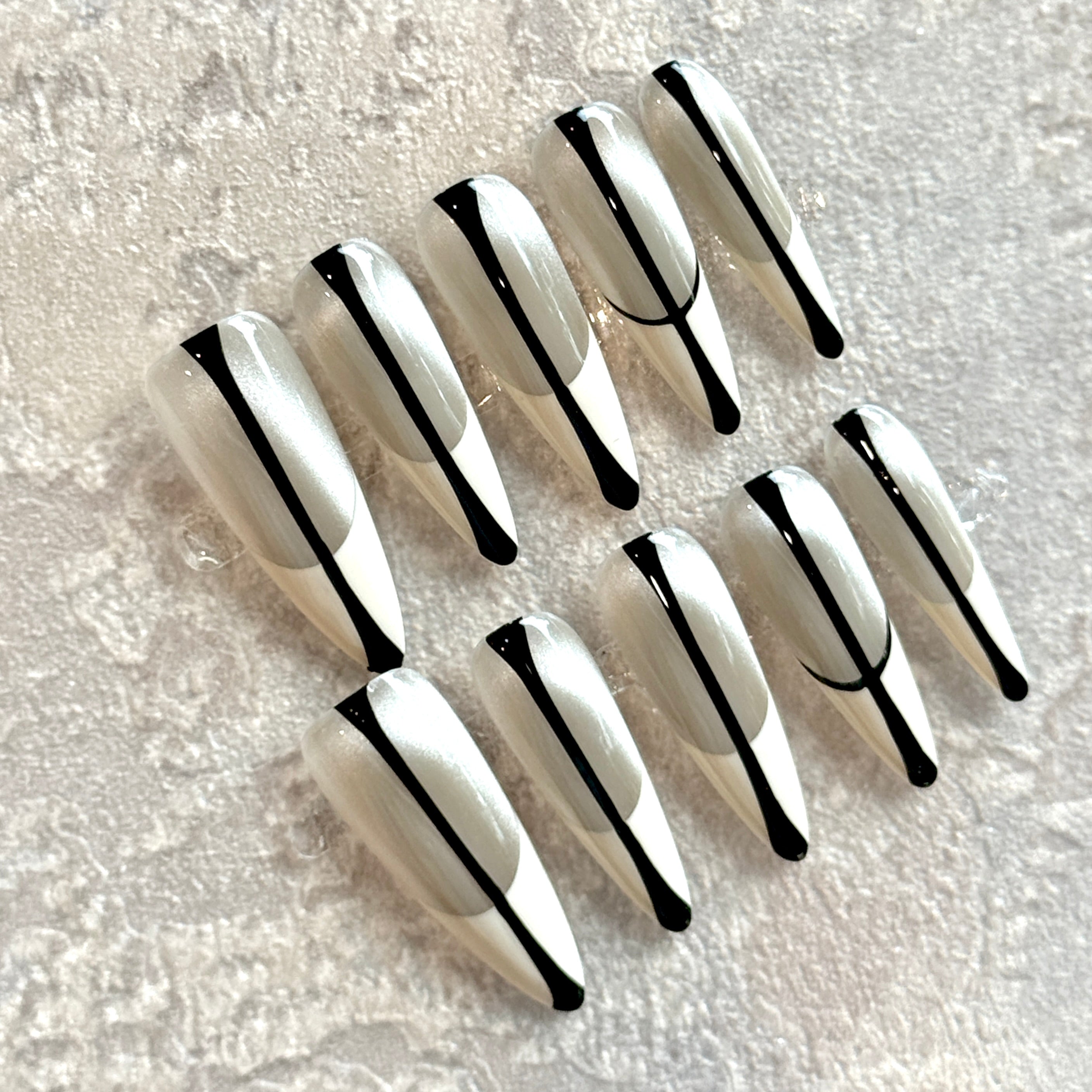 Monochrome Edge – Silver & White French Press-On Nails with Black Line Detail