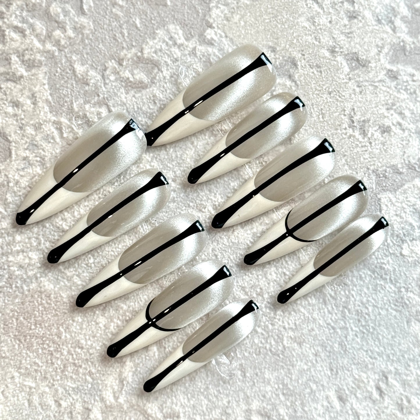 Monochrome Edge – Silver & White French Press-On Nails with Black Line Detail