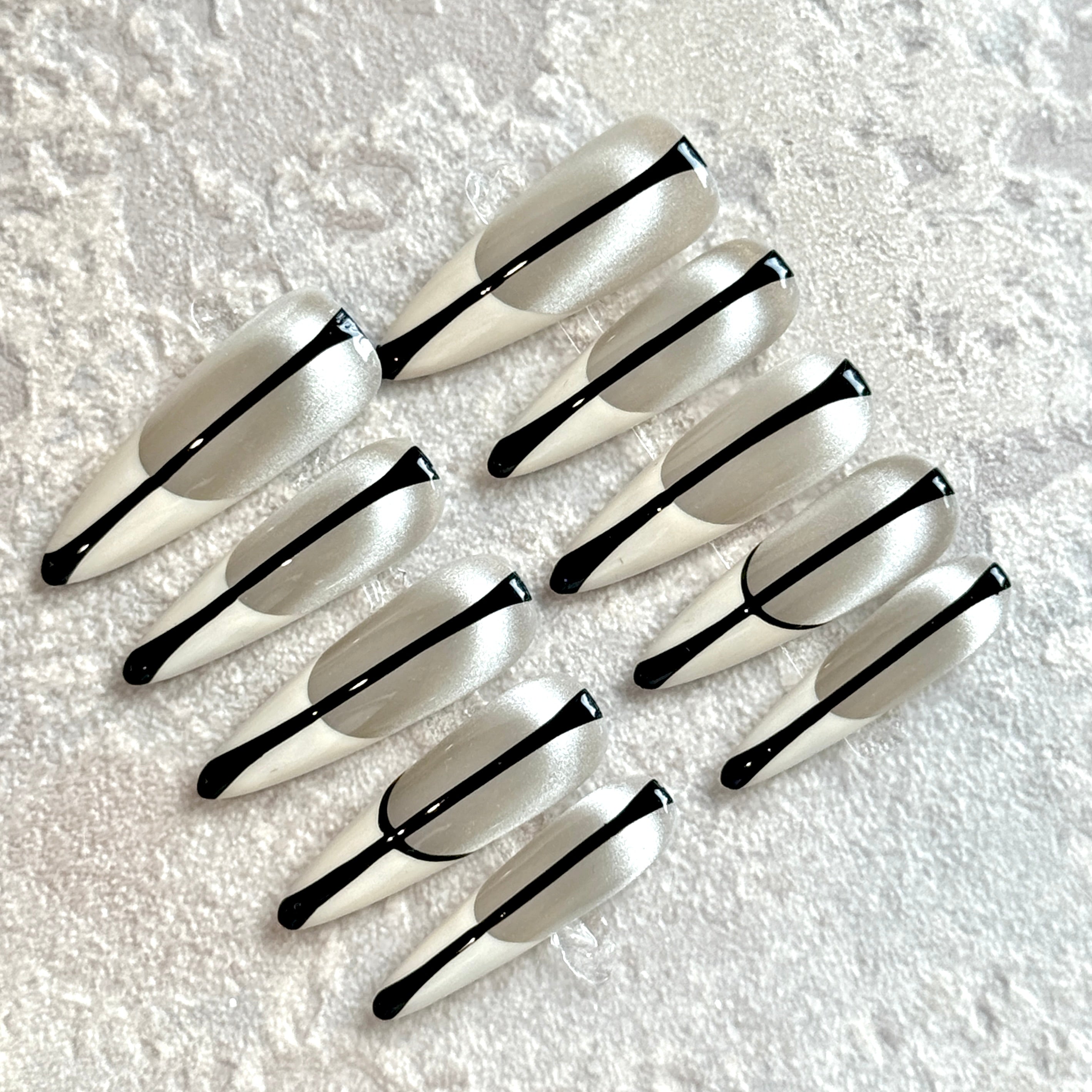 Monochrome Edge – Silver & White French Press-On Nails with Black Line Detail