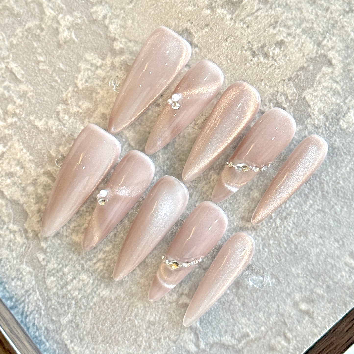 Rose Glow – Nude Pink Shimmer Press-On Nails with Crystal Accents