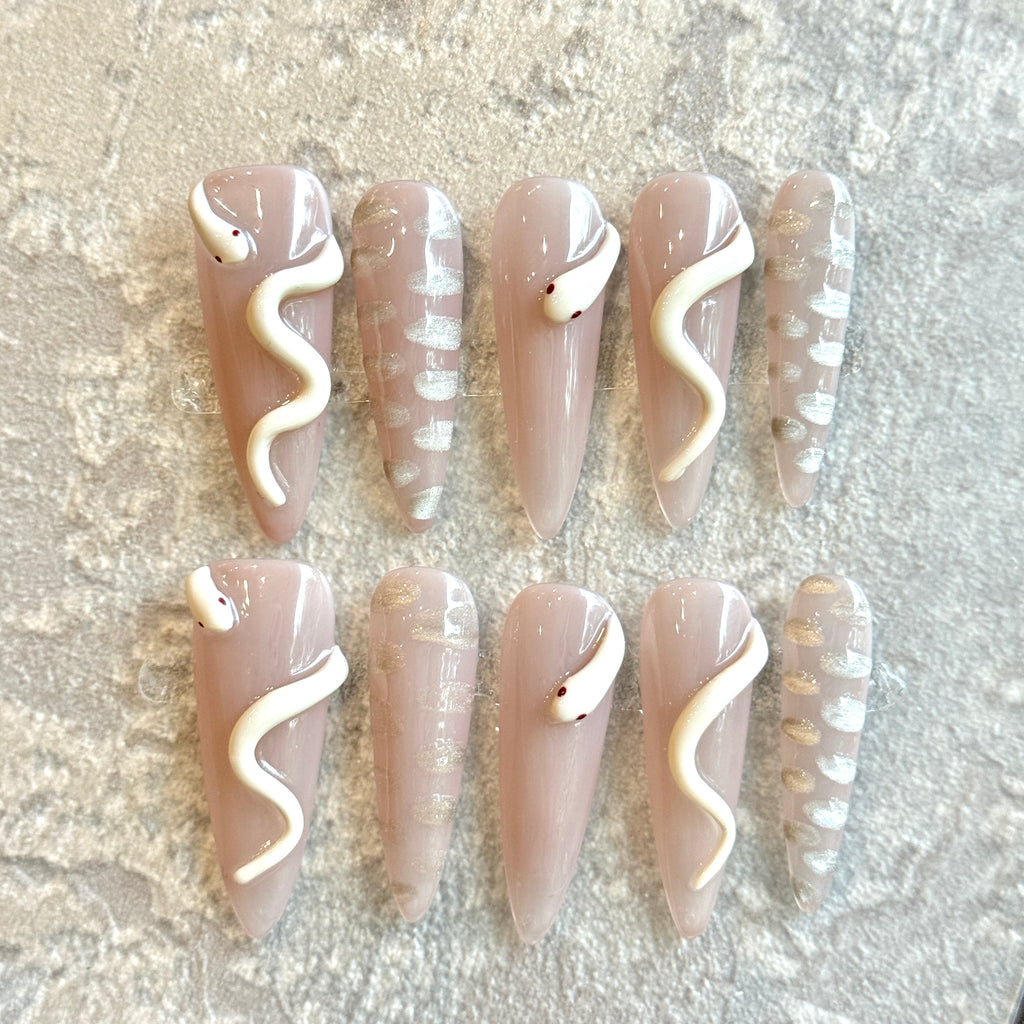 Serpent Muse – Nude Press-On Nails with 3D Snake & Silver Scales
