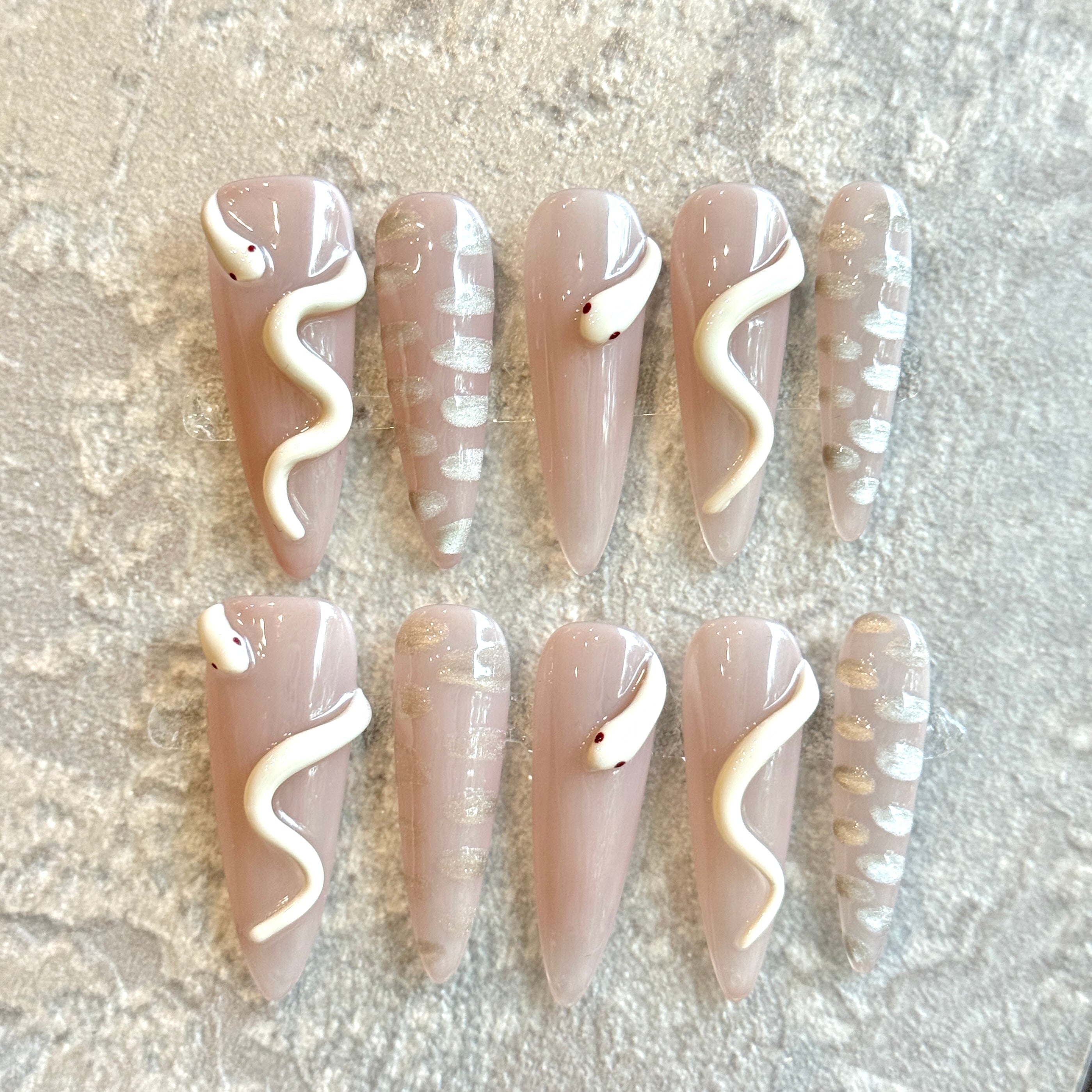 Serpent Muse – Nude Press-On Nails with 3D Snake & Silver Scales