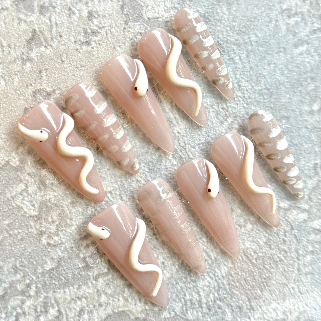 Serpent Muse – Nude Press-On Nails with 3D Snake & Silver Scales