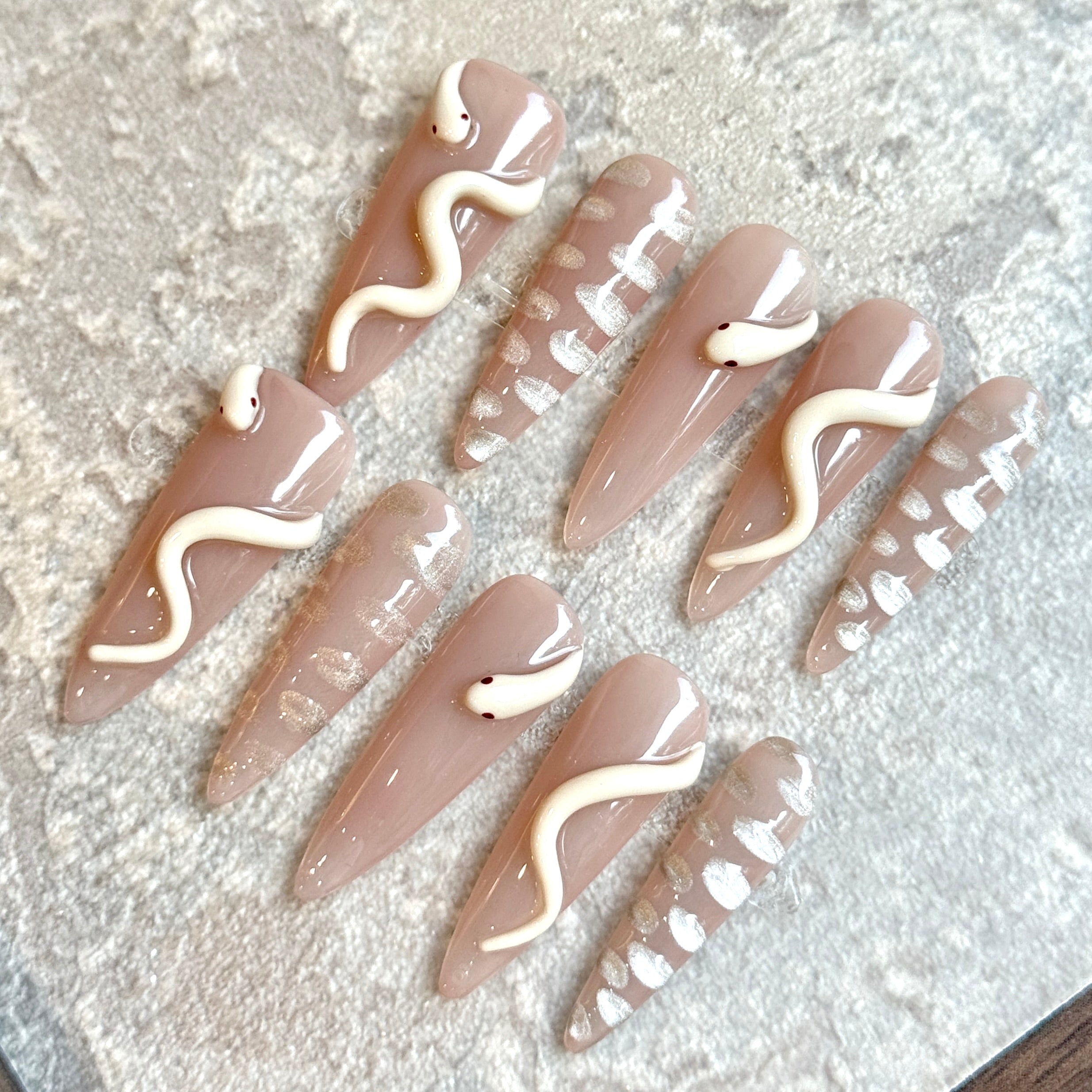 Serpent Muse – Nude Press-On Nails with 3D Snake & Silver Scales