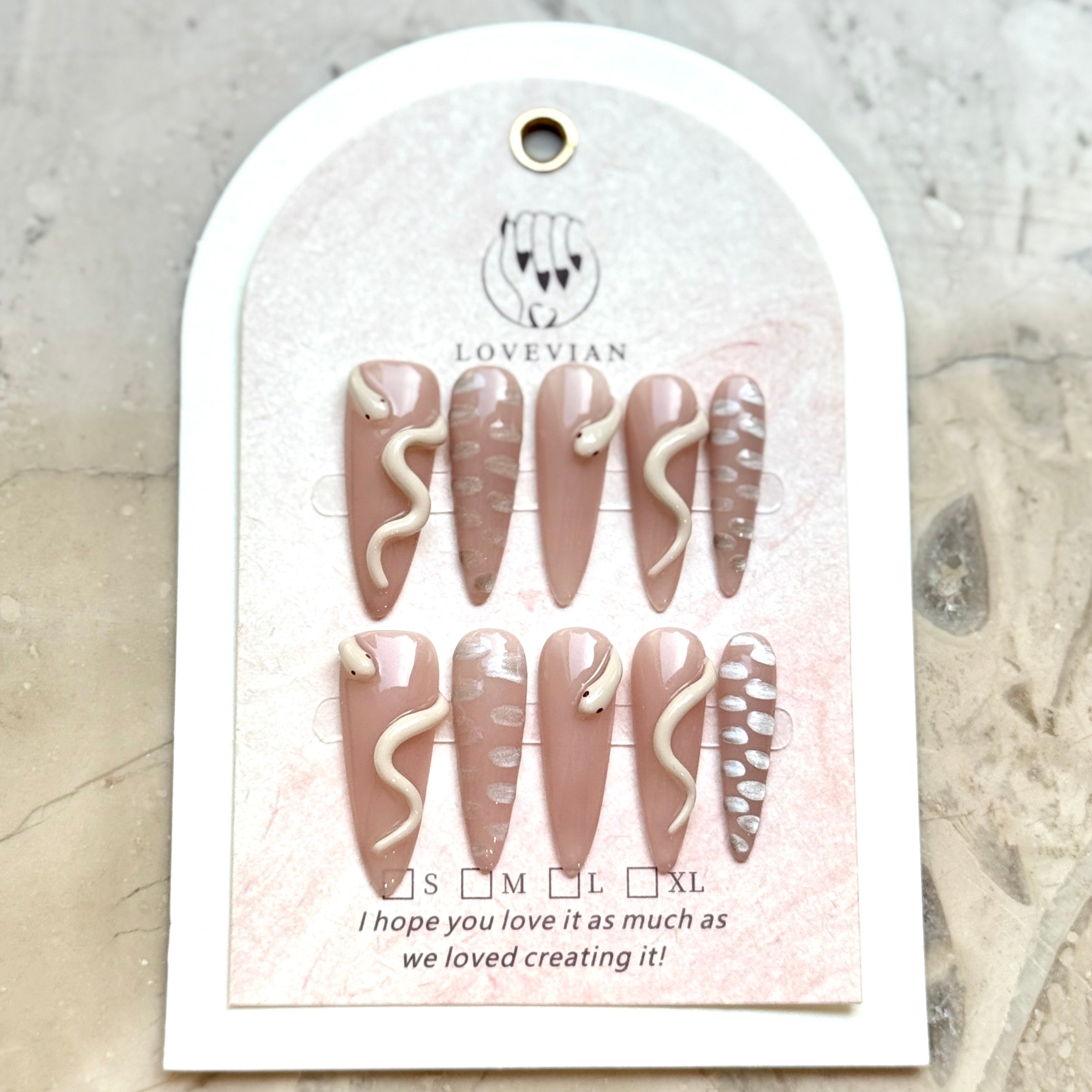 Serpent Muse – Nude Press-On Nails with 3D Snake & Silver Scales