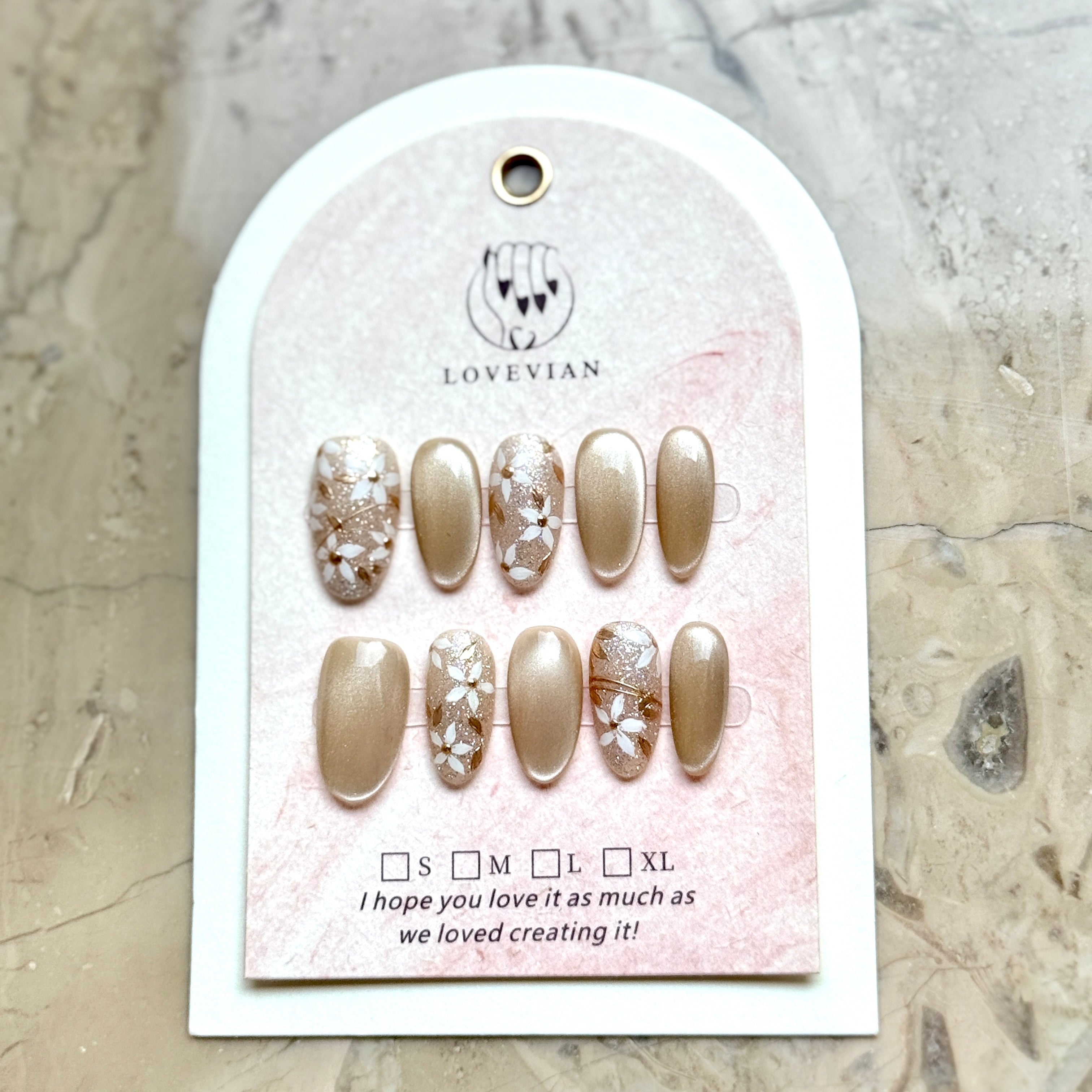 Golden Blossom Veil – Champagne Floral Press-On Nails with Gold Foil Accents