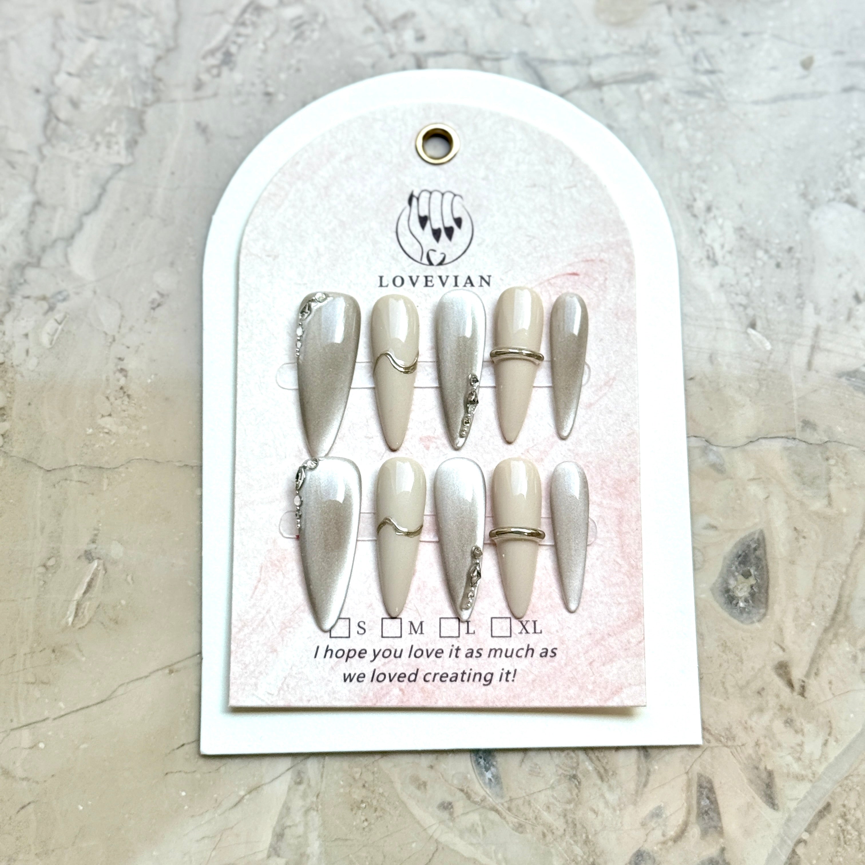 Champagne Moonlight – Silver & Nude Luxury Press-On Nails with Gold Wave and Crystal Accents