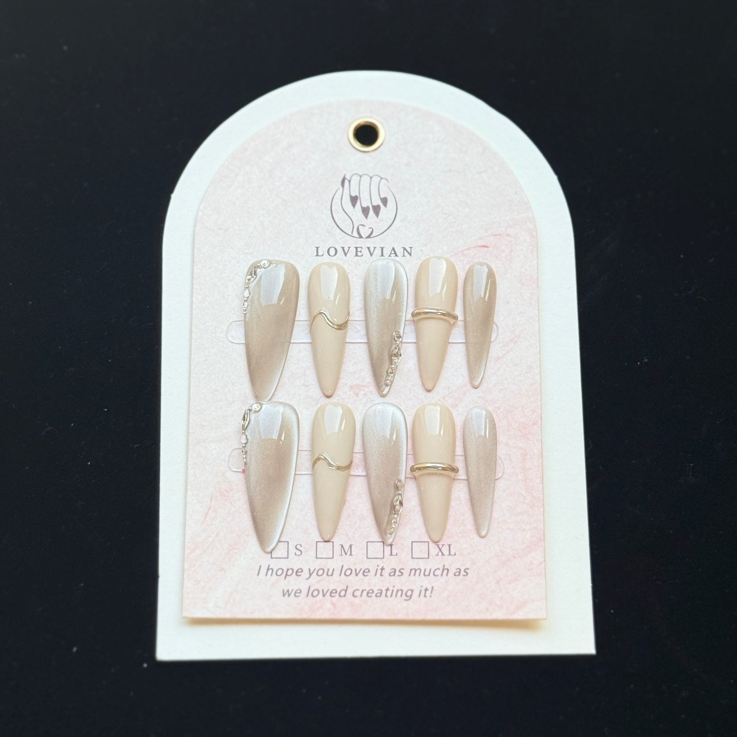 Champagne Moonlight – Silver & Nude Luxury Press-On Nails with Gold Wave and Crystal Accents