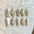 Golden Pearl Mirage – Champagne Gold Luxury Press-On Nails with Gemstone & Crystal Details