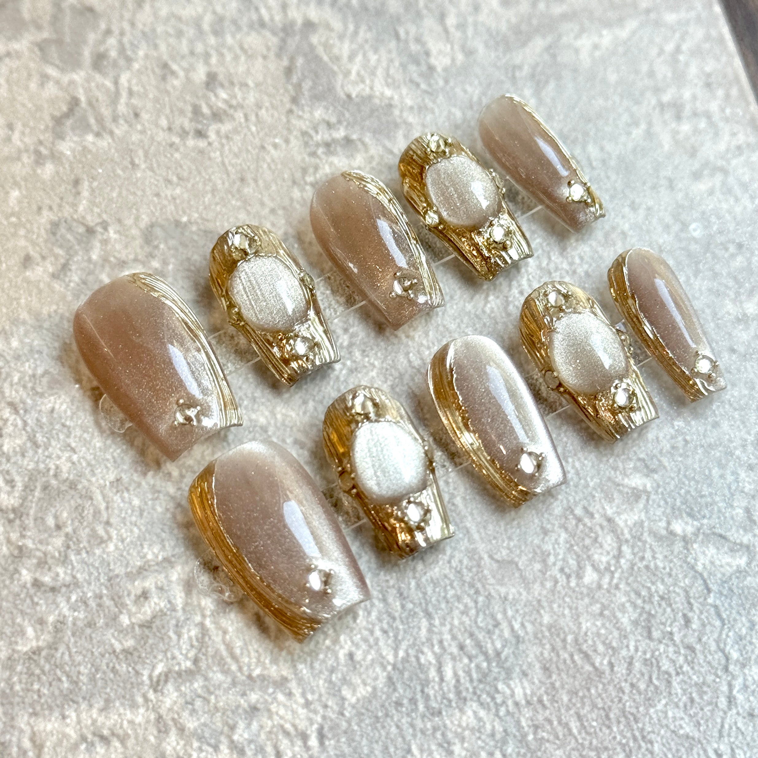 Golden Pearl Mirage – Champagne Gold Luxury Press-On Nails with Gemstone & Crystal Details