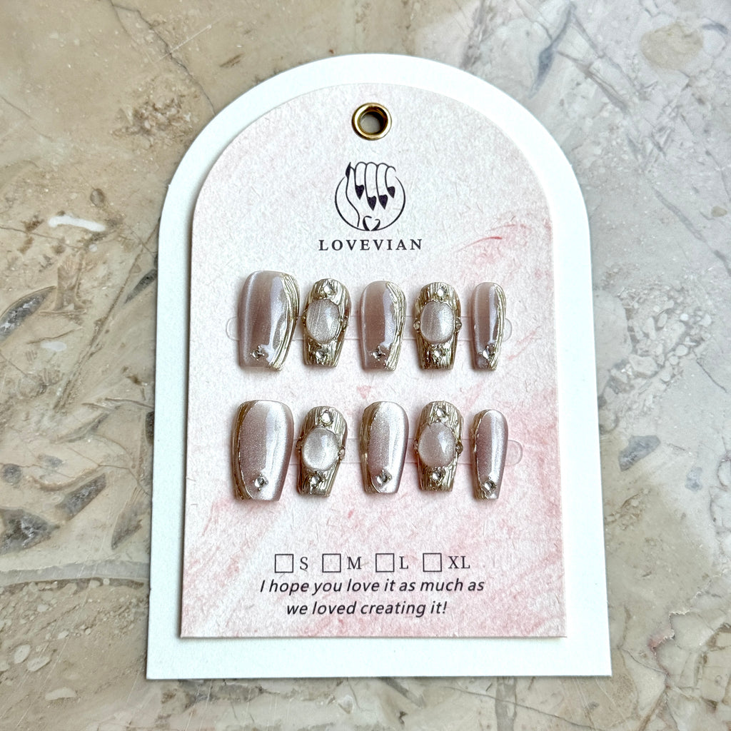 Golden Pearl Mirage – Champagne Gold Luxury Press-On Nails with Gemstone & Crystal Details