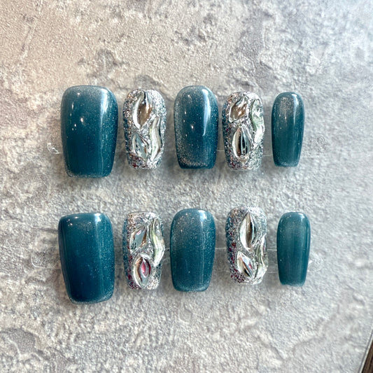 Midnight Galaxy – Luxury Metallic Silver Sculpted Press-On Nails (Deep Teal Sparkle)