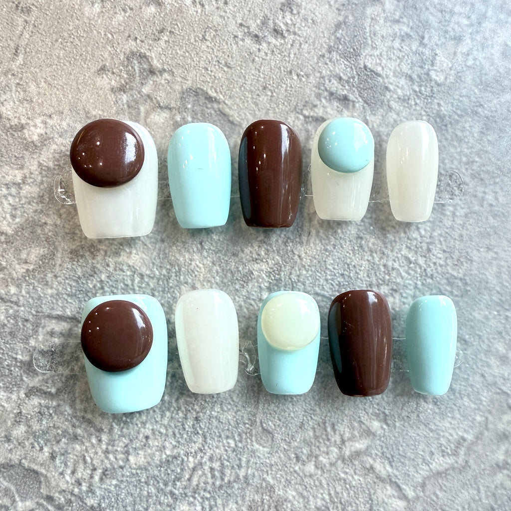 Choco Mint Pop – Minimalist Press-On Nails with 3D Dot Design (Brown, Mint & White)