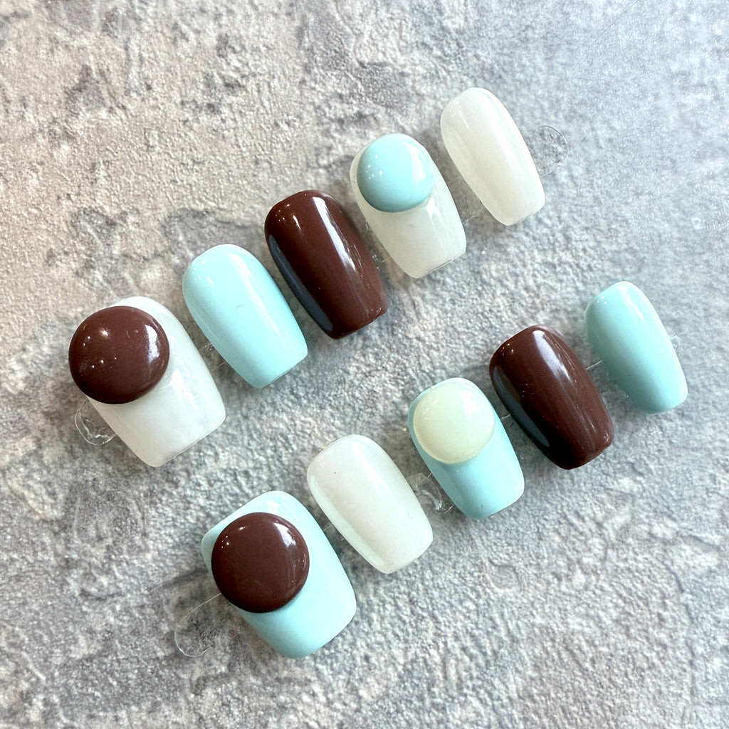 Choco Mint Pop – Minimalist Press-On Nails with 3D Dot Design (Brown, Mint & White)