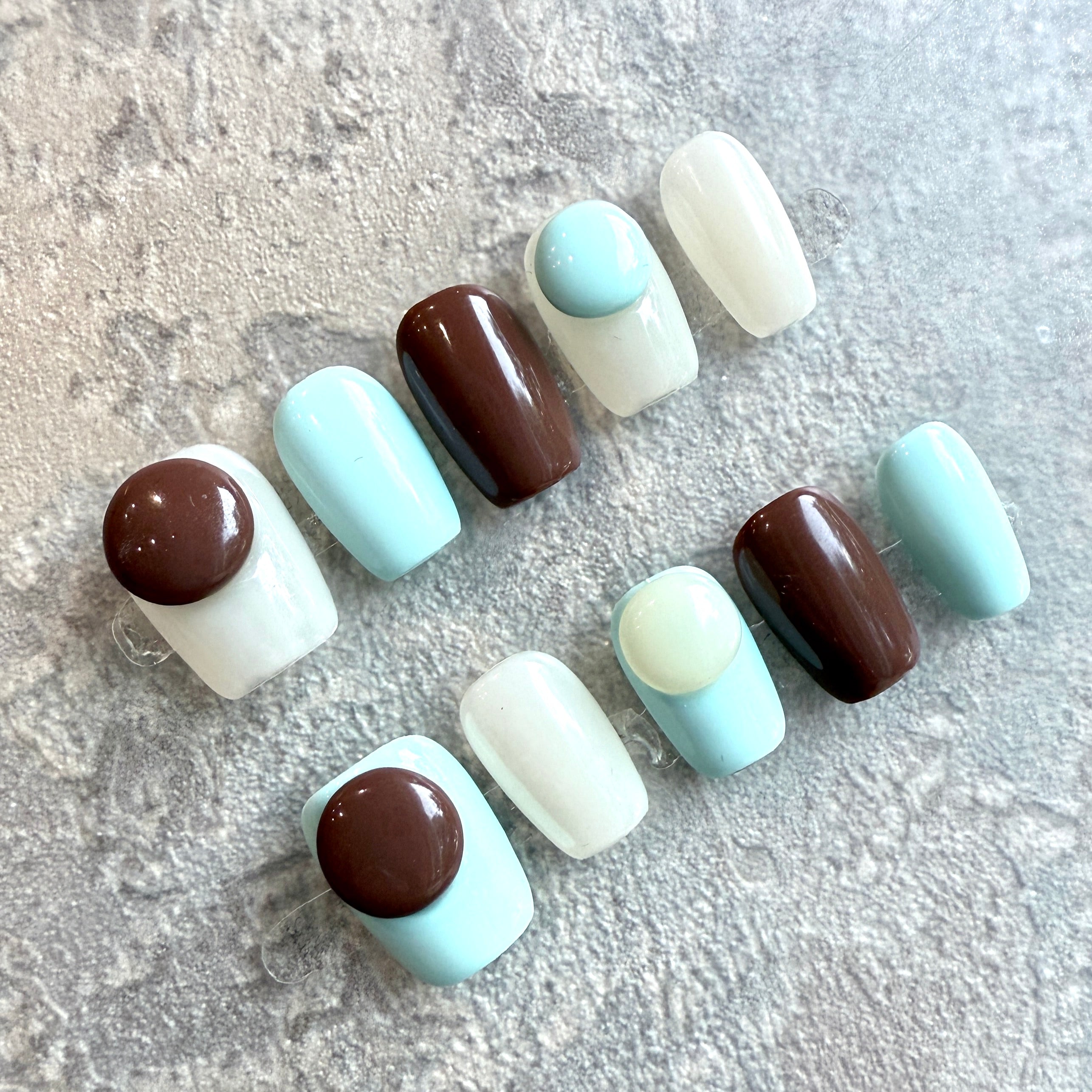 Choco Mint Pop – Minimalist Press-On Nails with 3D Dot Design (Brown, Mint & White)
