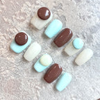 Choco Mint Pop – Minimalist Press-On Nails with 3D Dot Design (Brown, Mint & White)