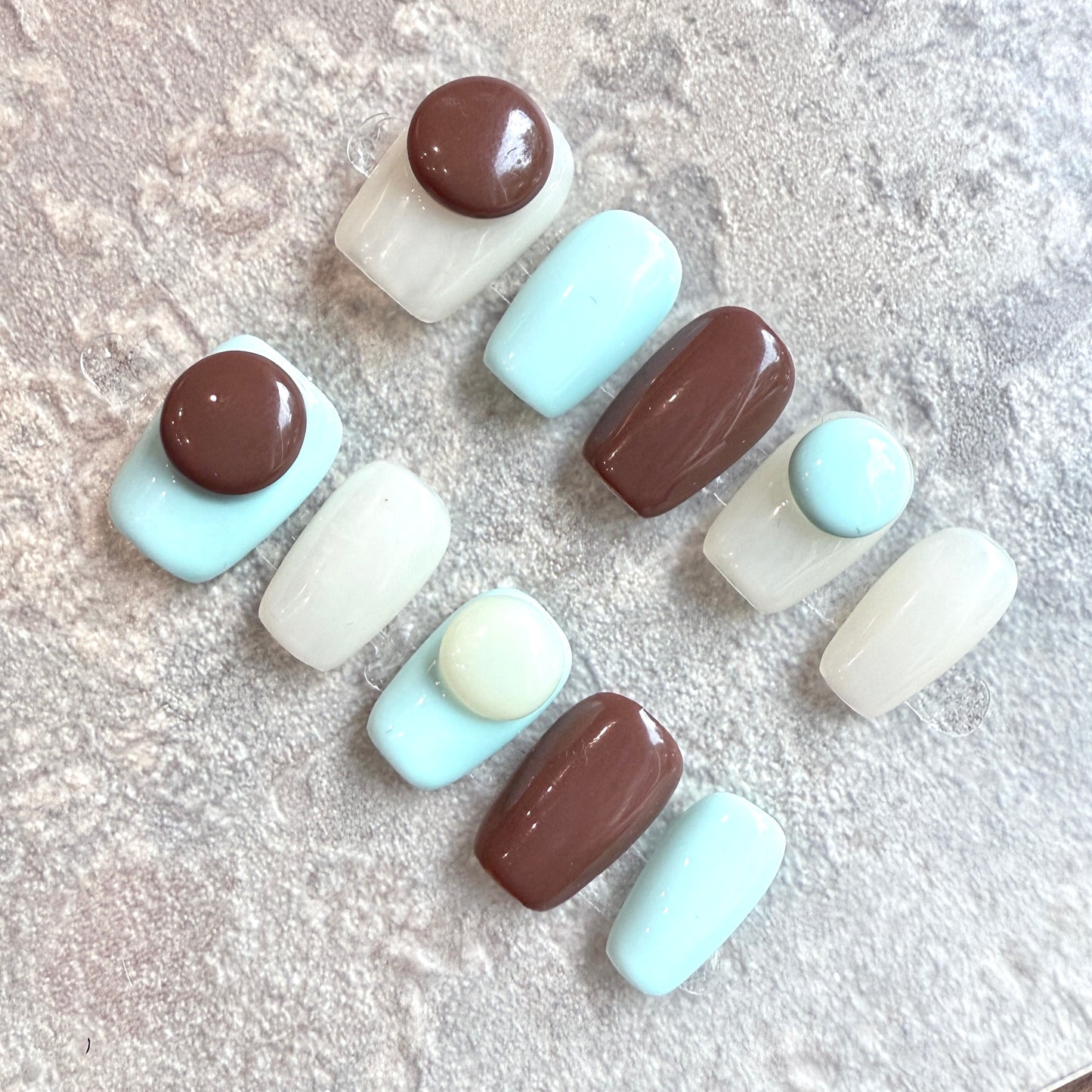 Choco Mint Pop – Minimalist Press-On Nails with 3D Dot Design (Brown, Mint & White)