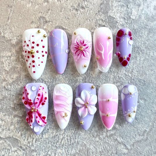 Lavender Bloom – Luxury 3D Flower Pastel Press-On Nails (Pink & Purple Almond)