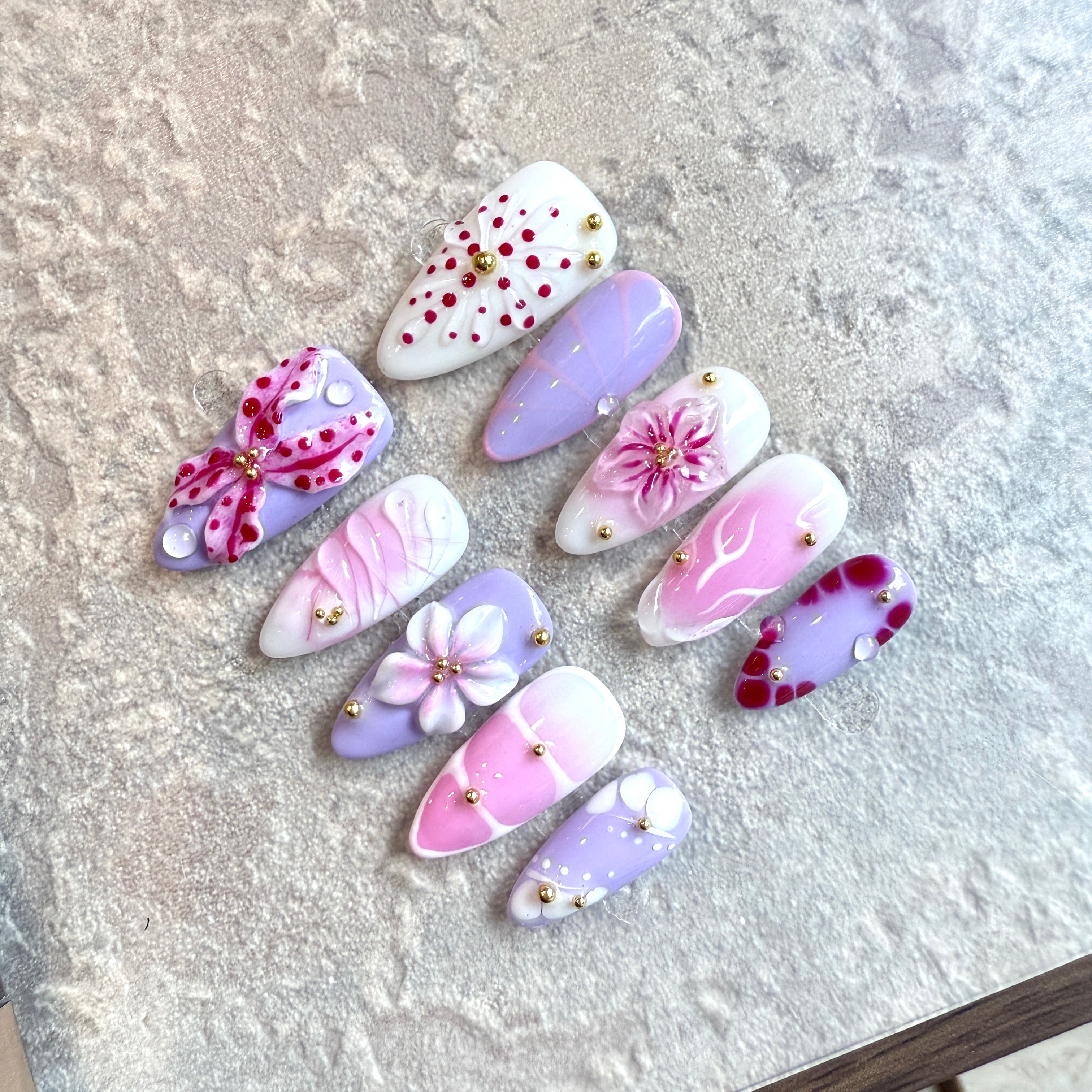Lavender Bloom – Luxury 3D Flower Pastel Press-On Nails (Pink & Purple Almond)
