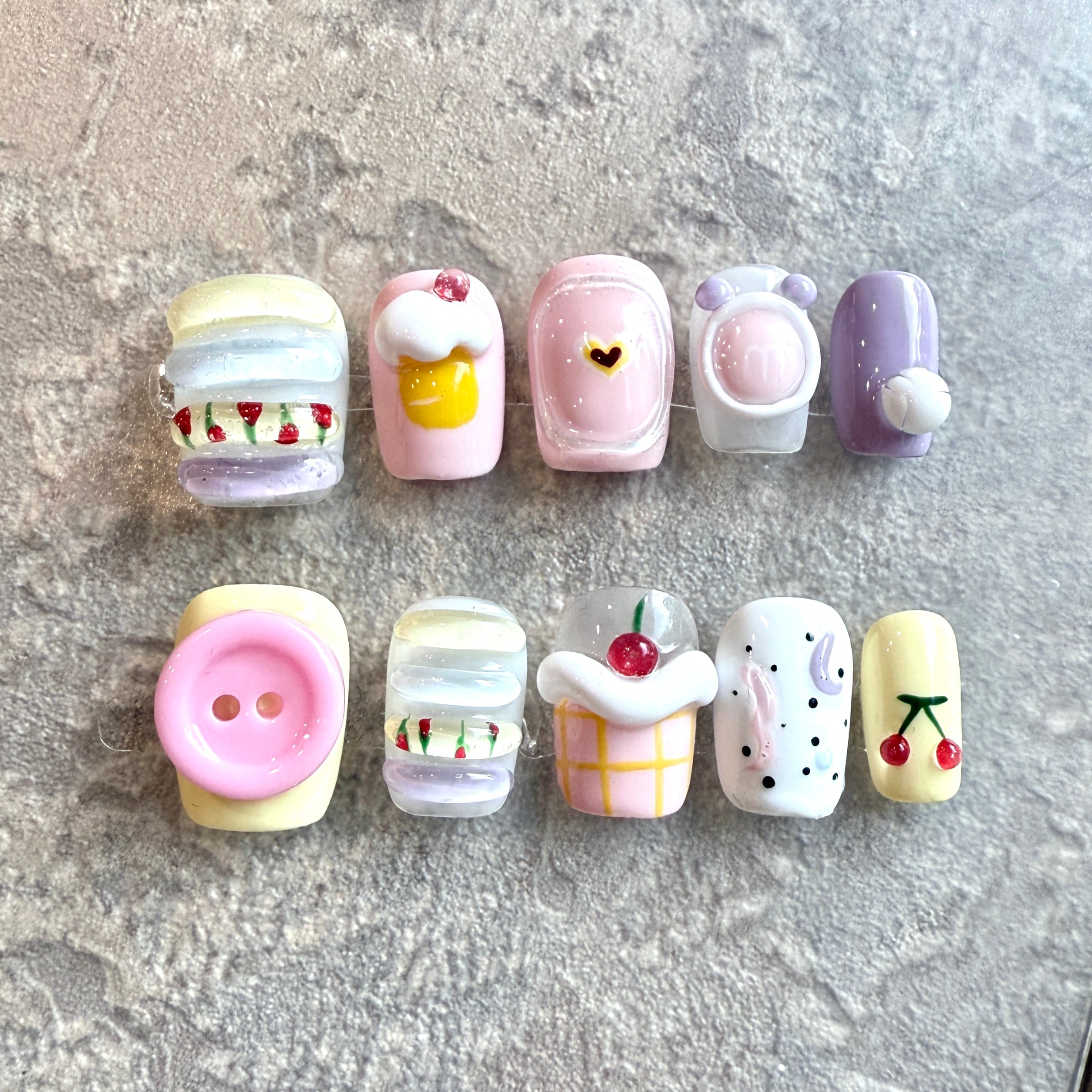 Sweet Treats – Kawaii Dessert Press-On Nails with 3D Macarons, Cupcakes & Cherries
