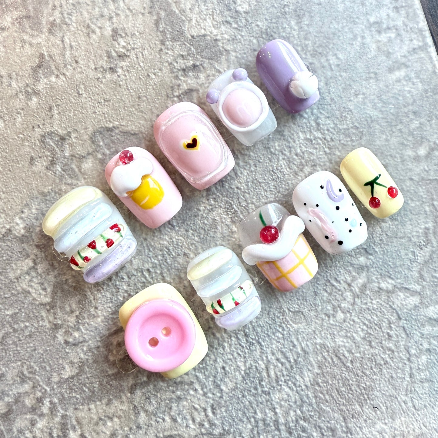Sweet Treats – Kawaii Dessert Press-On Nails with 3D Macarons, Cupcakes & Cherries