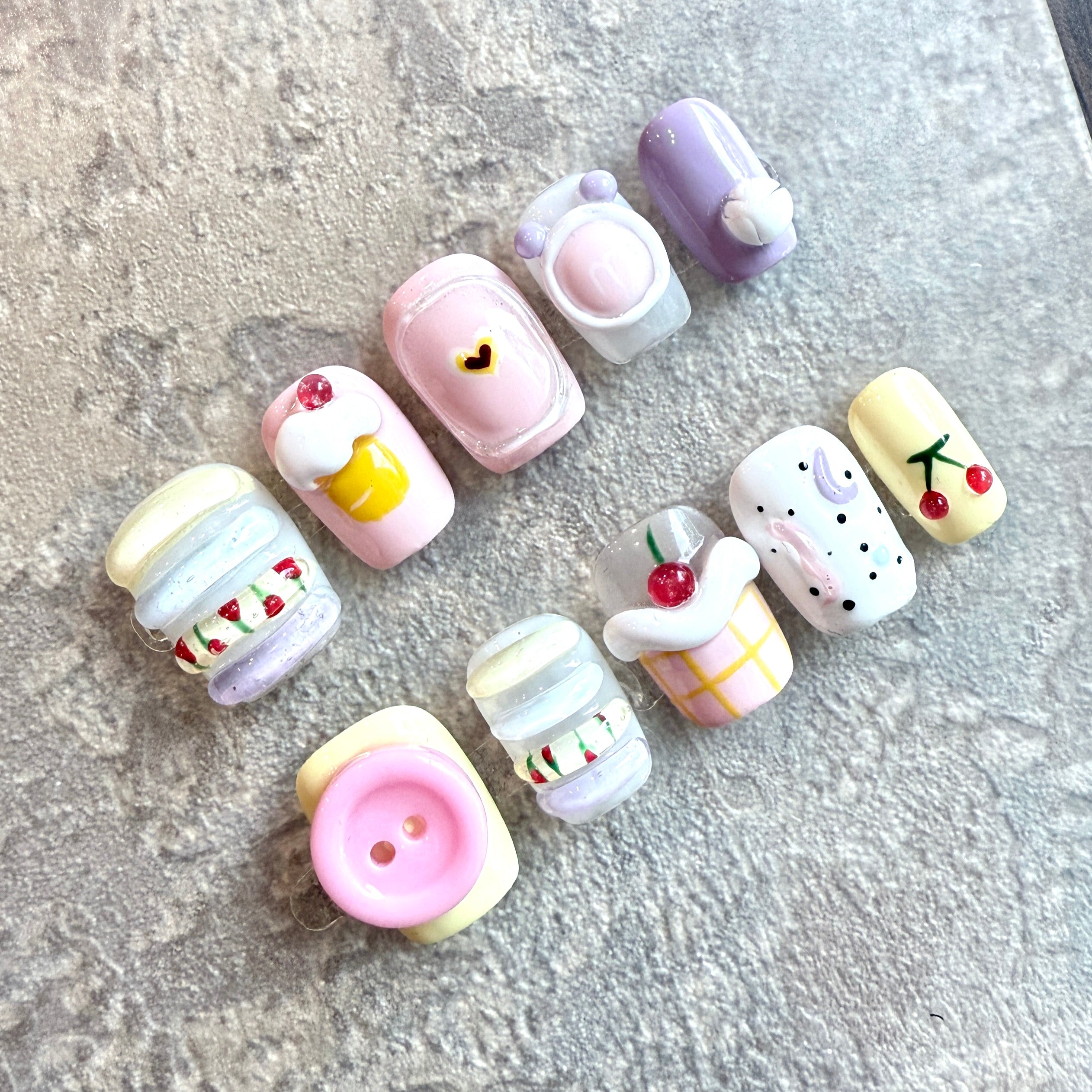 Sweet Treats – Kawaii Dessert Press-On Nails with 3D Macarons, Cupcakes & Cherries