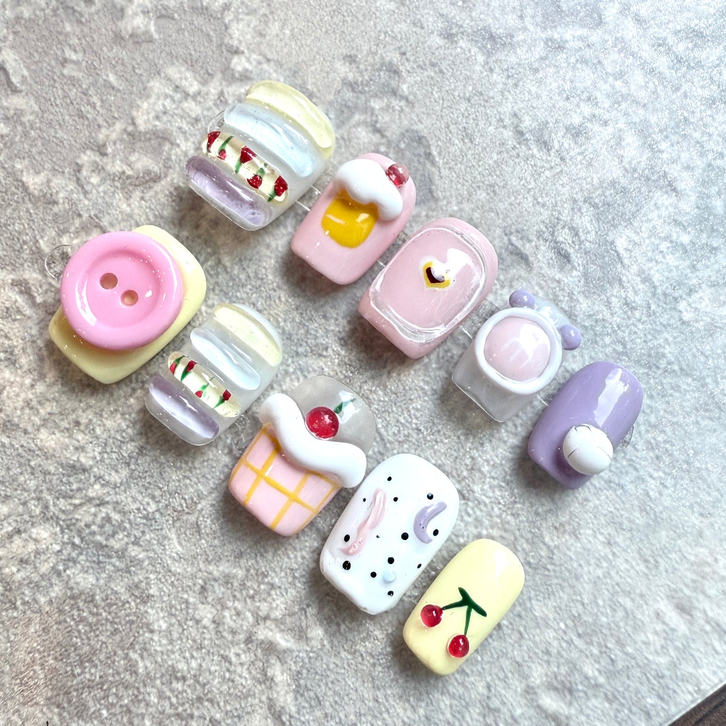 Sweet Treats – Kawaii Dessert Press-On Nails with 3D Macarons, Cupcakes & Cherries