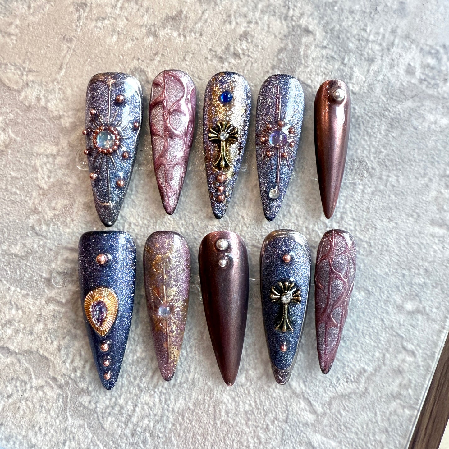 Gothic Royale – Luxury Stiletto Press‑On Nails with Gemstones, Cross Charms & Metallic Shine