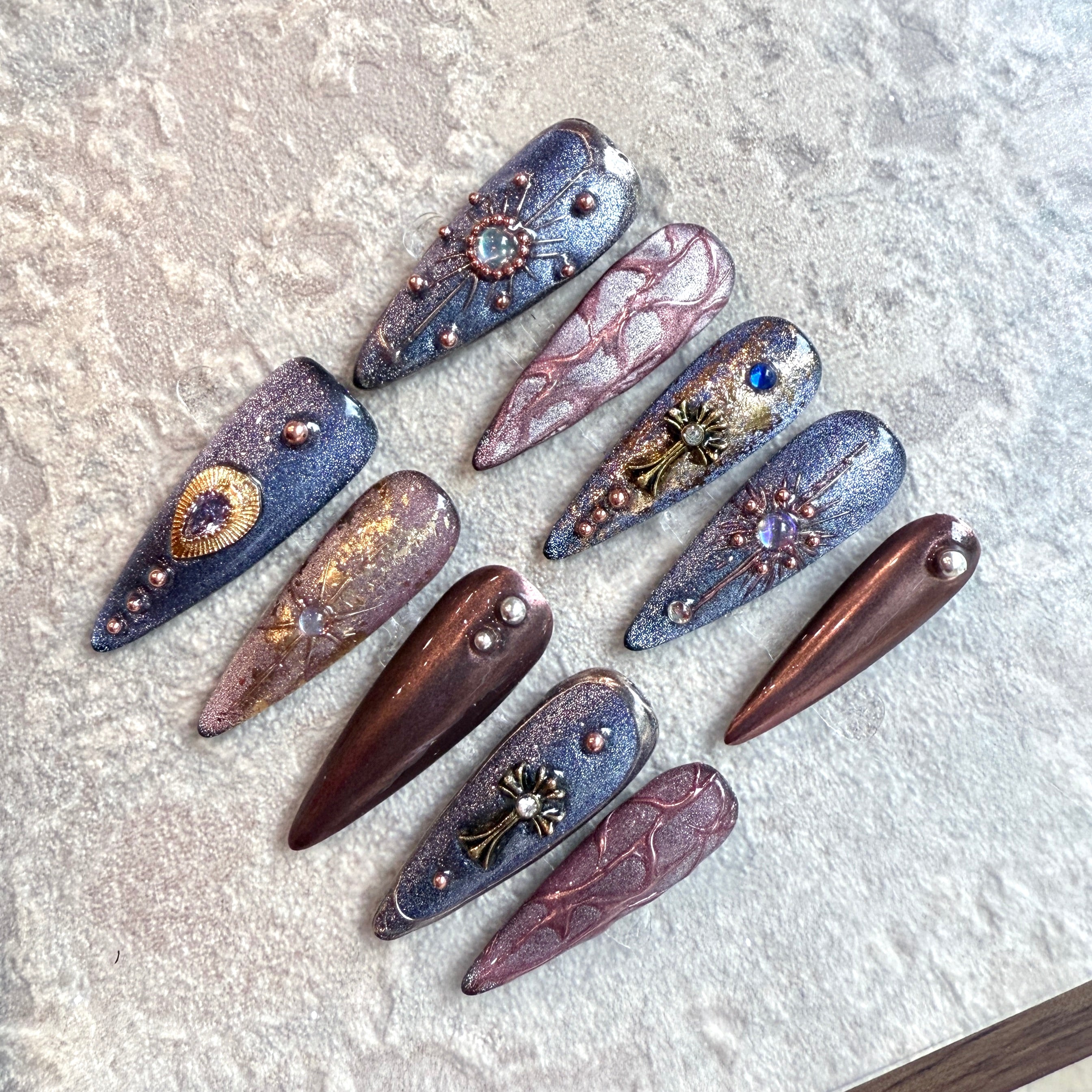 Gothic Royale – Luxury Stiletto Press‑On Nails with Gemstones, Cross Charms & Metallic Shine