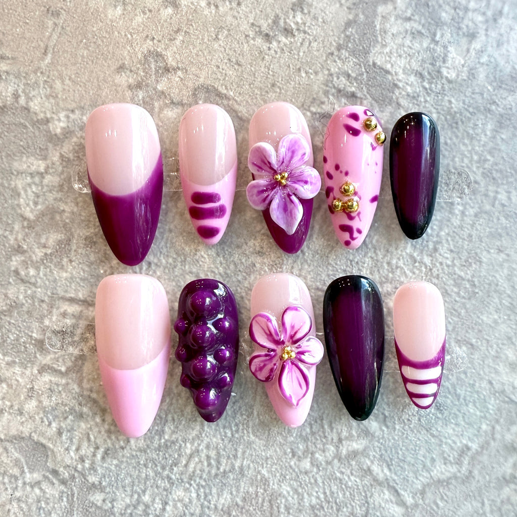 Violet Bloom – 3D Purple Press-On Nails with Floral & Metallic Accents