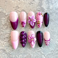 Violet Bloom – 3D Purple Press-On Nails with Floral & Metallic Accents