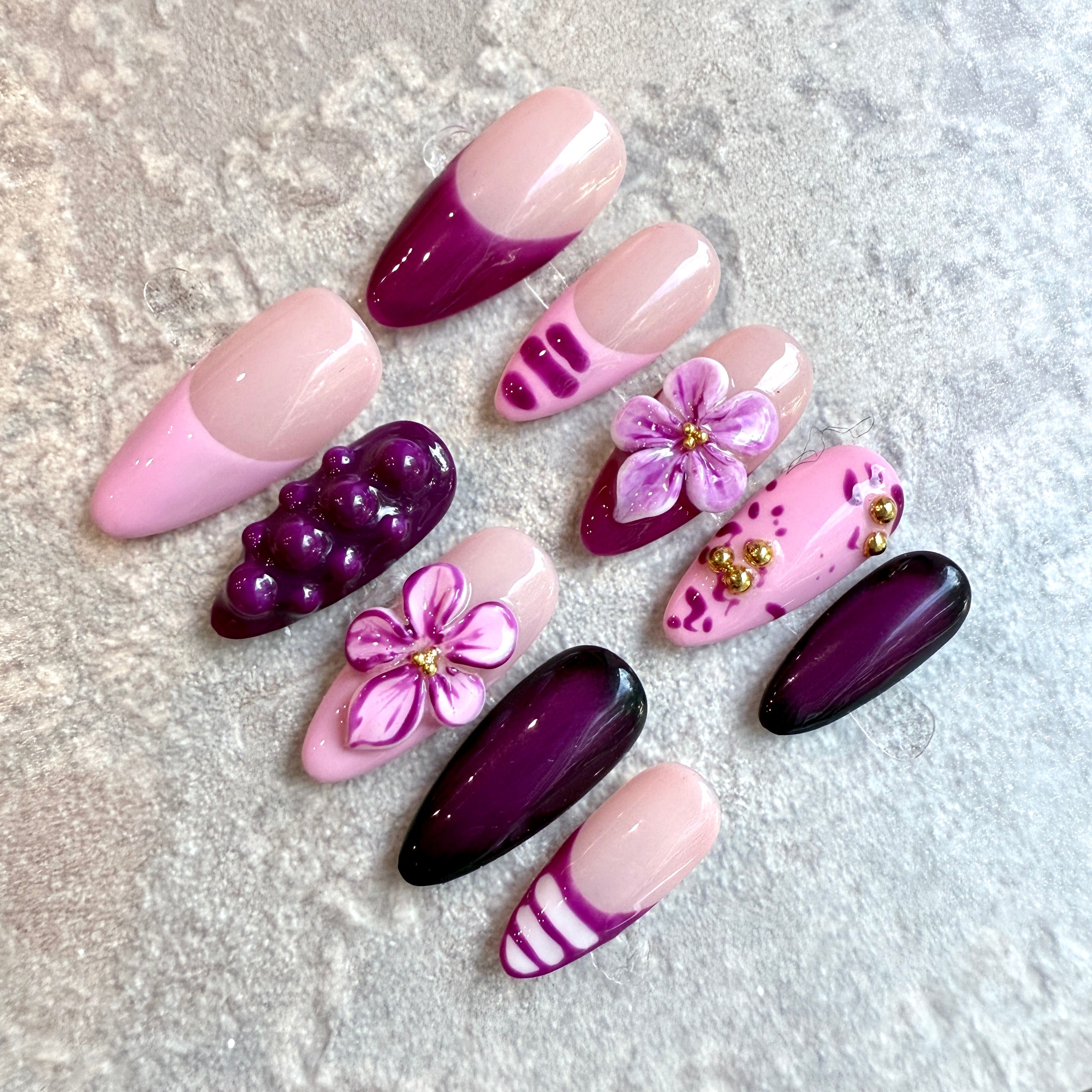 Violet Bloom – 3D Purple Press-On Nails with Floral & Metallic Accents