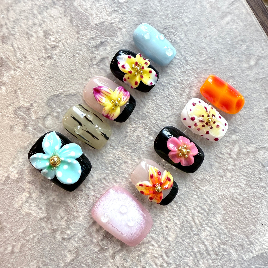 Tropical Bloom – Exotic 3D Flower Press-On Nails in Bold Colors (Square & Short Round Shape)