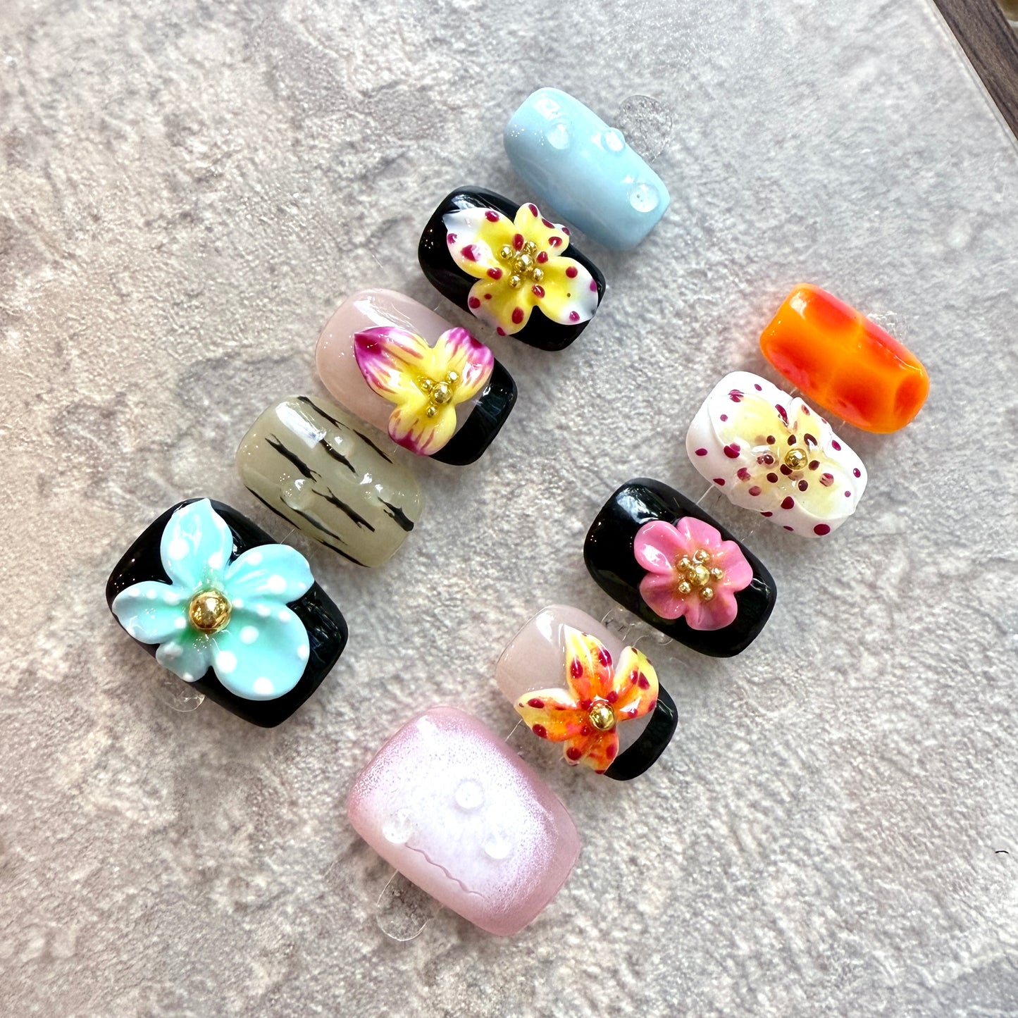 Tropical Bloom – Exotic 3D Flower Press-On Nails in Bold Colors (Square & Short Round Shape)