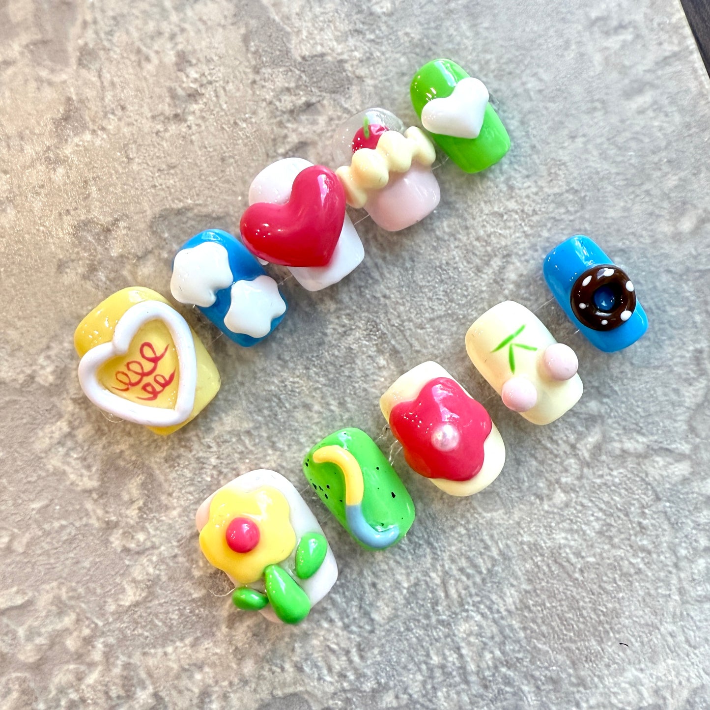 Candy Pop – Kawaii Short Square Press-On Nails with Hearts, Donuts & Cute Charms