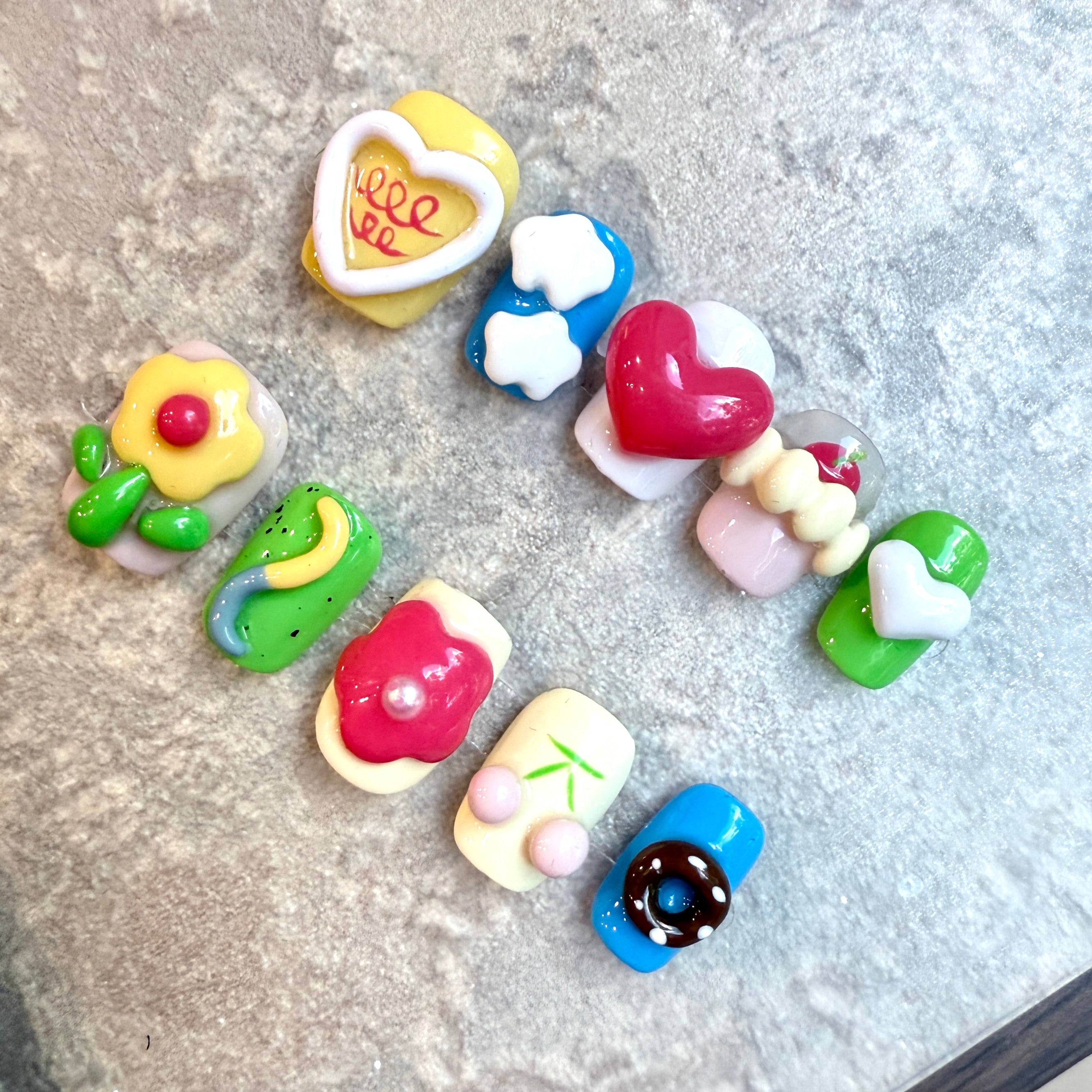 Candy Pop – Kawaii Short Square Press-On Nails with Hearts, Donuts & Cute Charms