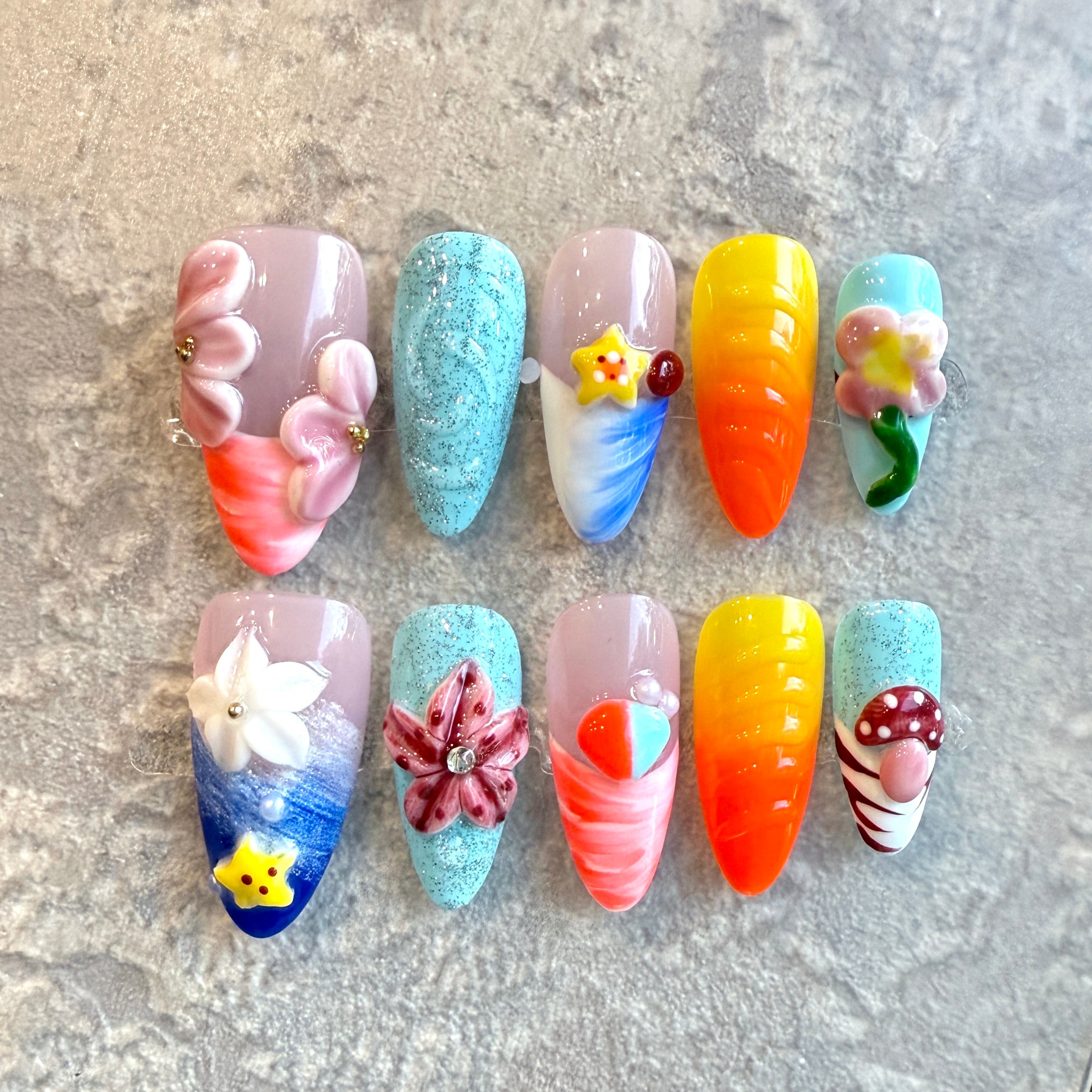 Summer Fantasy – Colorful Long Almond Press-On Nails with 3D Flowers, Seashells & Cute Charms