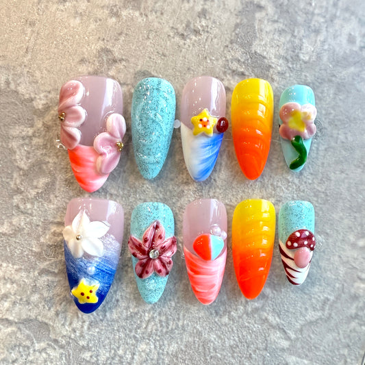 Summer Fantasy – Colorful Long Almond Press-On Nails with 3D Flowers, Seashells & Cute Charms