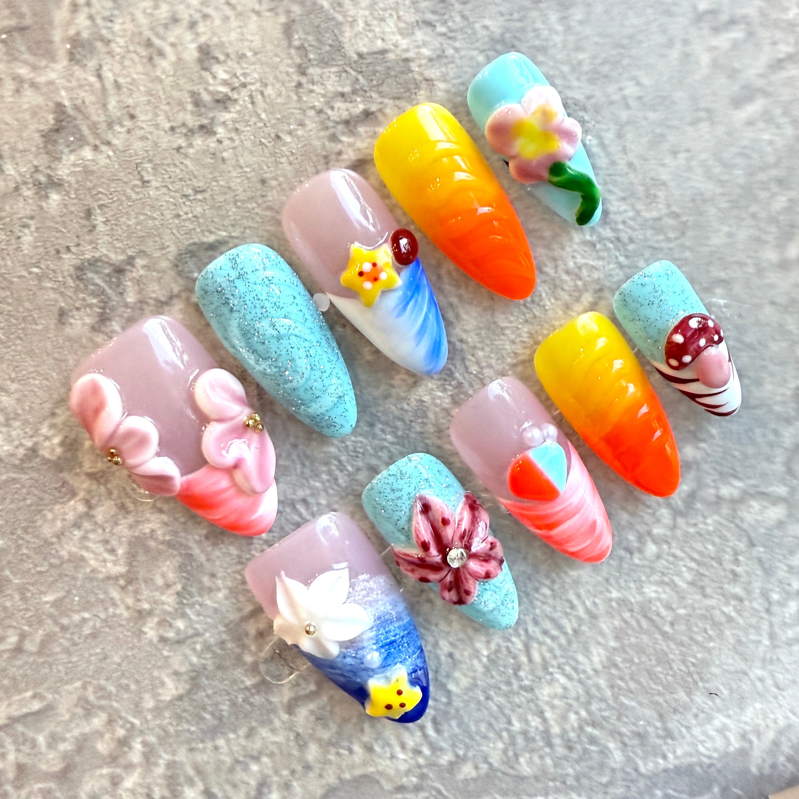 Summer Fantasy – Colorful Long Almond Press-On Nails with 3D Flowers, Seashells & Cute Charms