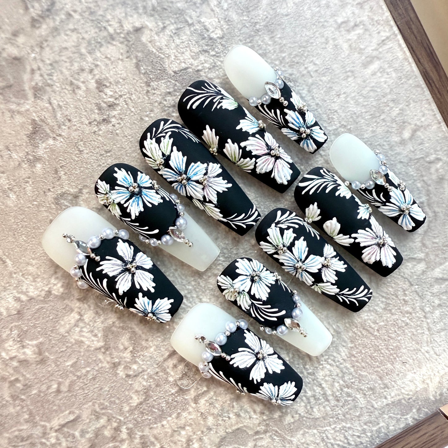 Black Elegance – Coffin Press-On Nails with 3D White Floral Embroidery & Pearl Chains