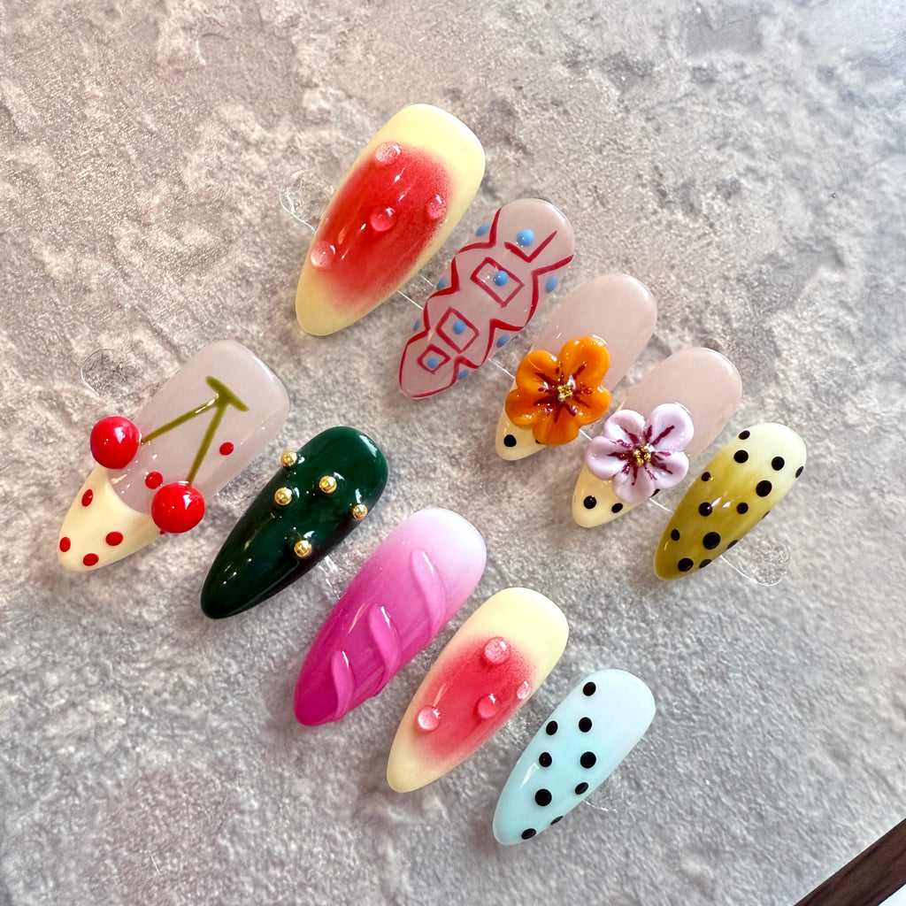 Fruit Carnival – Kawaii Almond Press-On Nails with 3D Cherries, Flowers & Polka Dots