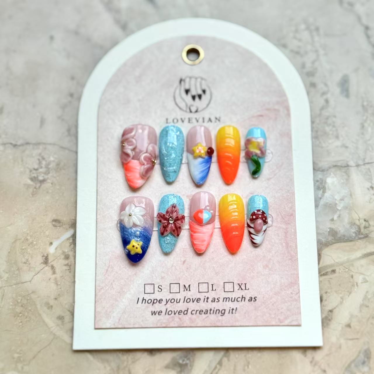 Summer Fantasy – Colorful Long Almond Press-On Nails with 3D Flowers, Seashells & Cute Charms